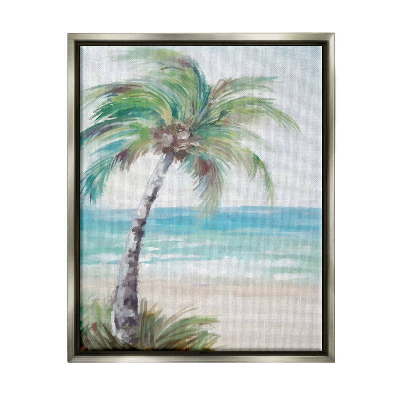 Bb-373 - Palmier doux encadré sur la plage, encadré sur bois par Ziwei Li, peinture, H 20 po x l 16 po, Cadre flottant gris