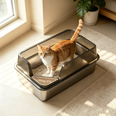 Bac à litière en acier inoxydable avec protection contre les éclaboussures, grand bac à litière métallique à ouverture supérieure, pour chats adultes, 60 x 40 x 27 cm