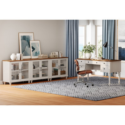 Ensemble de bureau 2 pièces, bureau double 56 po et ensemble de 3 armoires avec porte vitrée, blanc