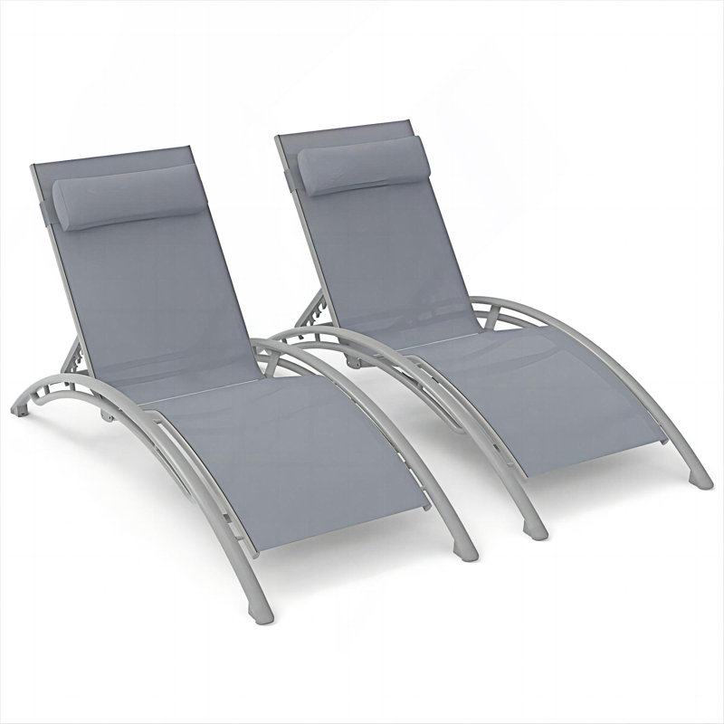 Set Of 2 Outdoor Chaise Lounge, Patio Recliner Chairs With Adjustable Backrest And Removable Pillow, Pool Lounge Chairs, Gray