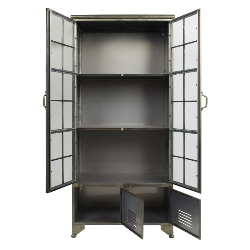 Metal Cabinet w 2 Shelves and 4 Doors, Distressed Black