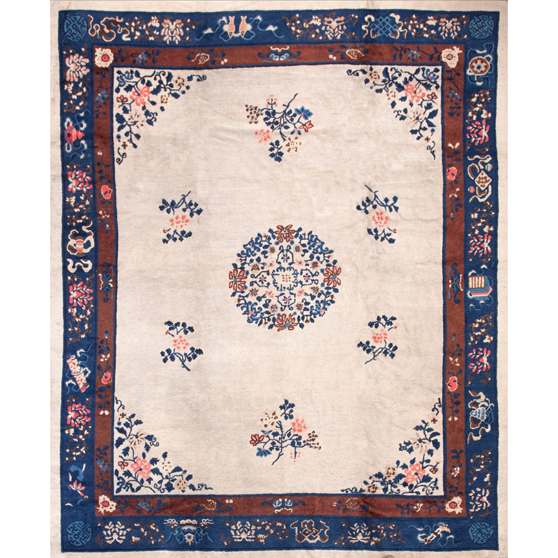 Tapis antique ivoire à médaillon chinois antique des années 30