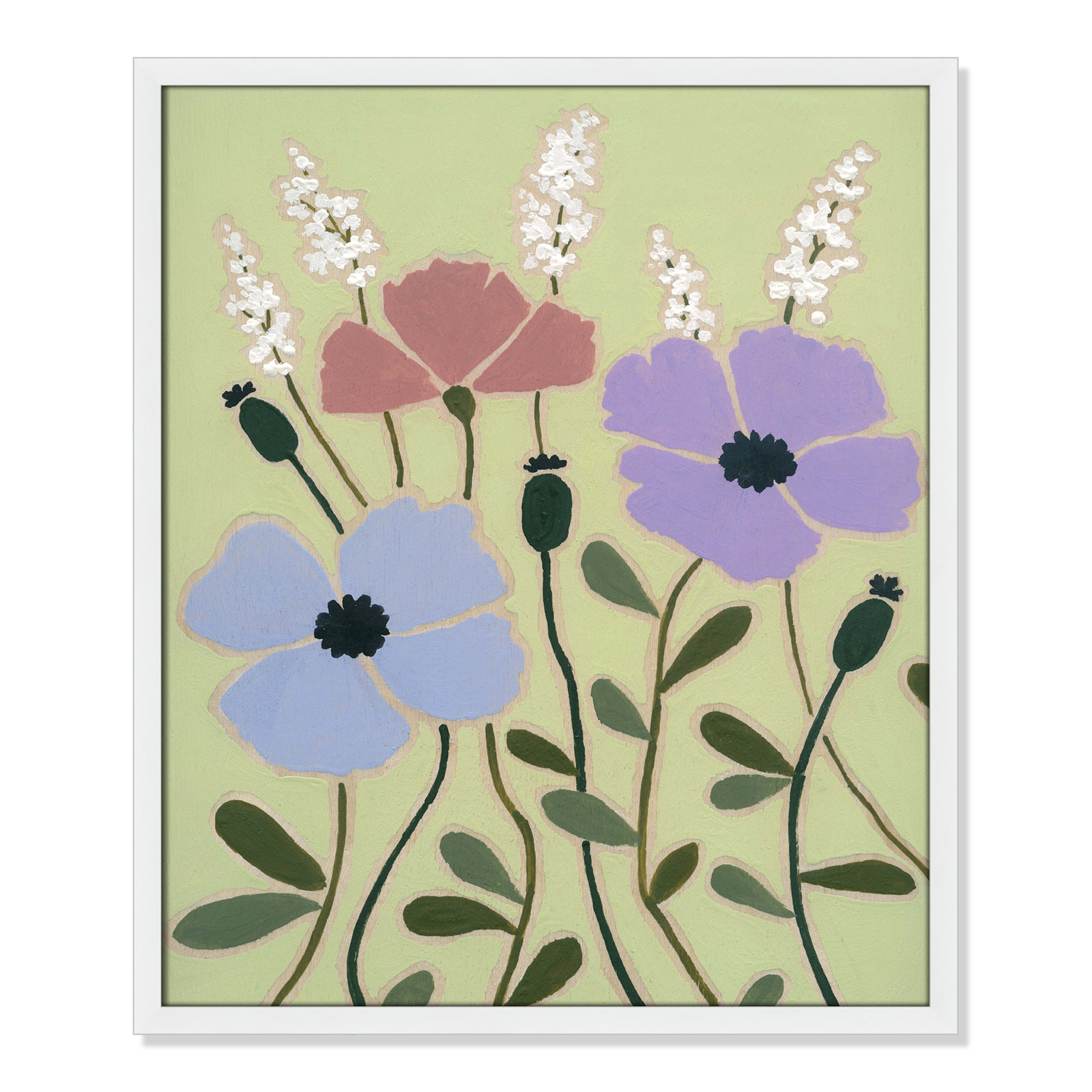 Maura "Woodblock Floral III" Print, 25.5" H x 21.5" W x 1.25" D, Satin White Framed