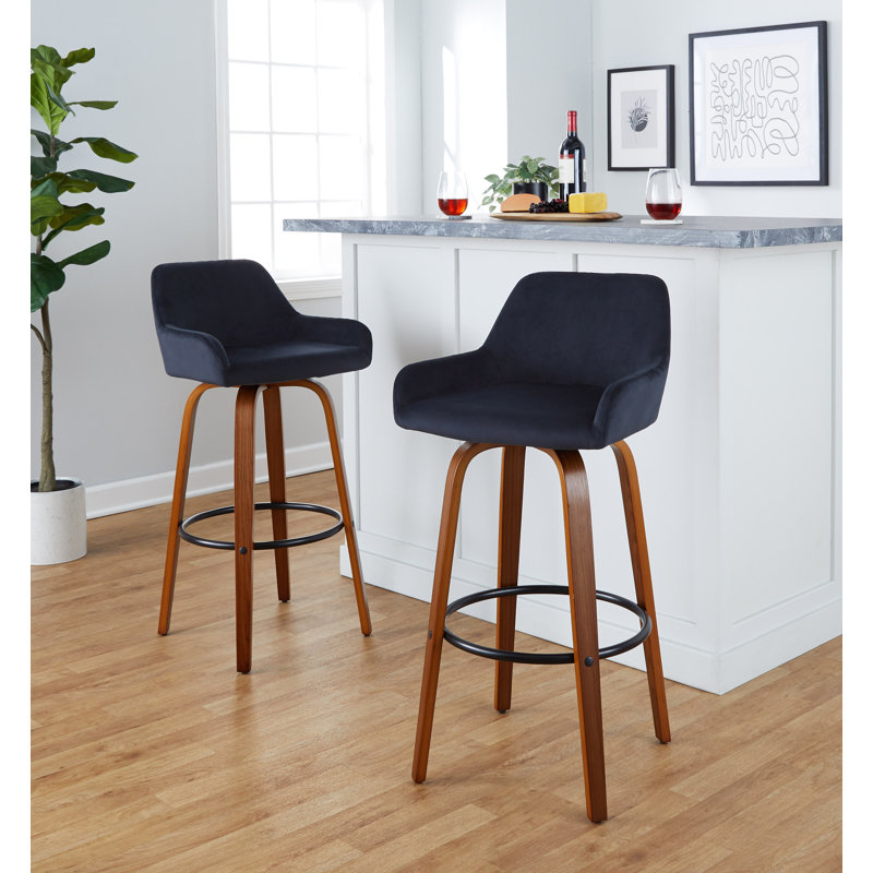 Tabouret de bar et de comptoir rembourré en tissu avec pieds en bois cintré Cassiopeia, Noyer, Noir
