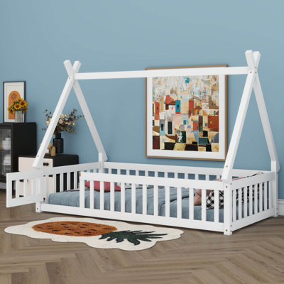 Cadre de lit cabane avec barrière et porte, lit Montessori en bois avec sommier à lattes