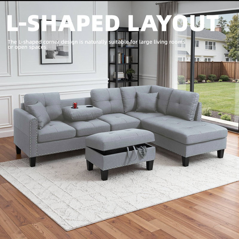 Ensemble de canapé modulaire en forme de L 3 pièces avec repose-pieds et porte-gobelets cachés, Gris taupe