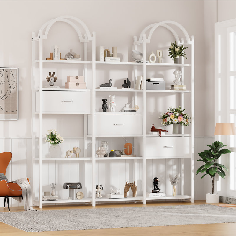 83.5"Tall Arched Bookcases And Bookshelves Triple Wide 6 Tiers Industrial Bookshelf, Etagere Bookcase With 3 Drawers Storage, Bookshelf With Metal Frame For Living Room Bedroom Home Office