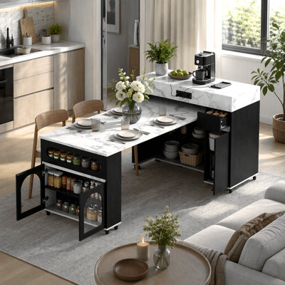 Table de salle à manger extensible avec plateau pliable extra-long, îlot de cuisine roulant avec tiroirs, prise de courant et verrou de frein, armoire de rangement pour la cuisine et la salle à manger