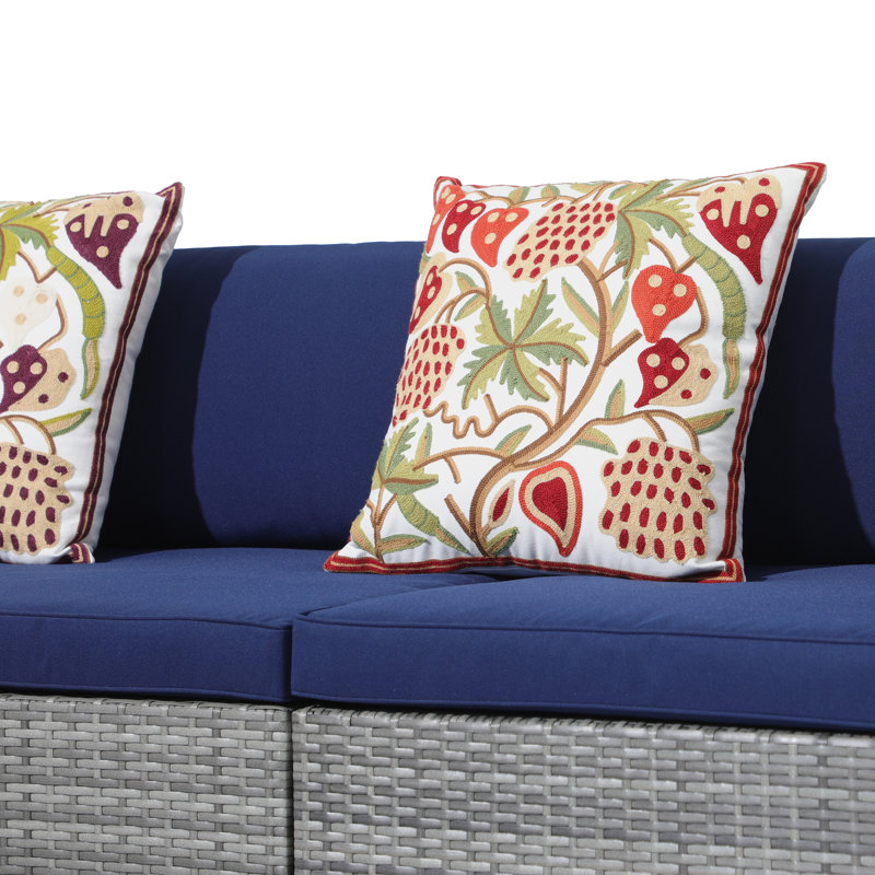 Ensemble de conversation modulaire en rotin 6 pièces avec coussins Eudy, Gris / Bleu marine