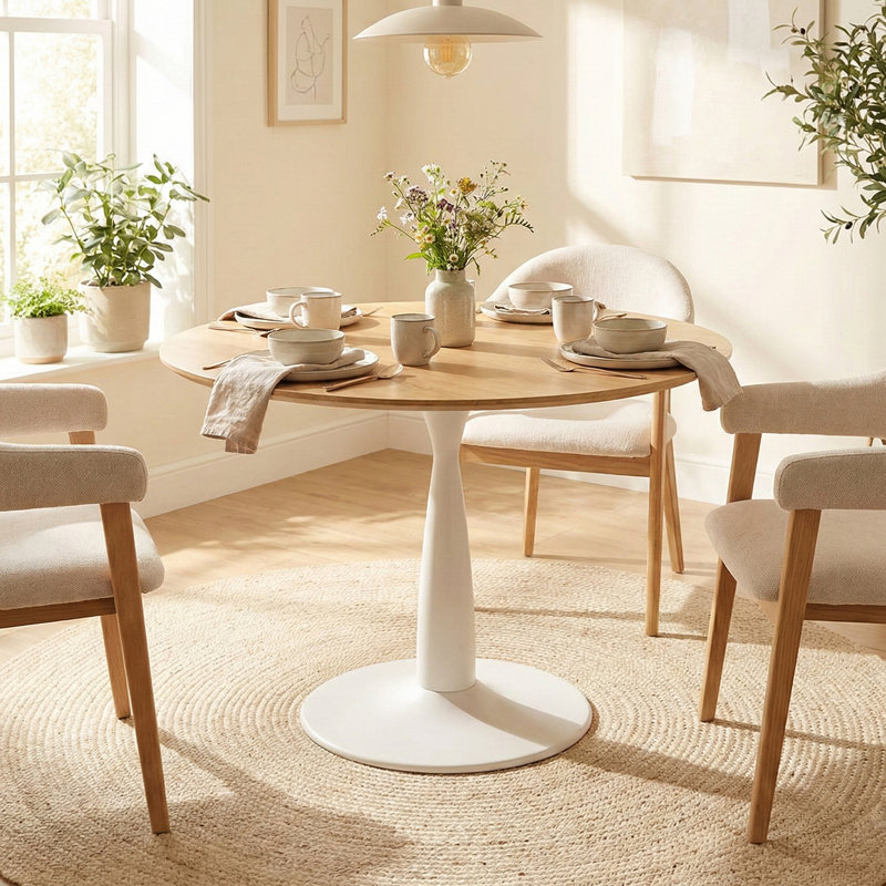35" Round Desktop Tapered Pedestal Base Petite Dining Table, 29"H x 36"W x 36"L, Natural, White