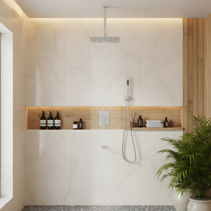 Système de douche carré de 12 pouces avec douchette cascade et douchette à fixation au plafond, Nickel brossé