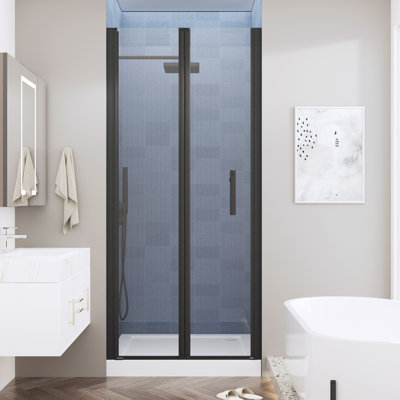 Porte de douche pliante sans cadre en verre trempé, réversible, 86 cm (L) x 183 cm (H), noire.
