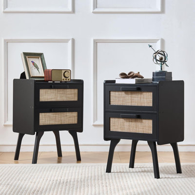 Set of 2 Rattan Nightstands, 2 Drawer Wood Bedside Tables with Woven Drawer Fronts and Tapered Legs, Boho Storage End Tables for Bedroom, Dorm, and Small Spaces