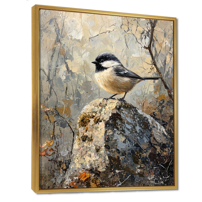 «Lade Chickadee Bird On A Pine Cone III», reproduction d'art sur toile, H 20 po x l 12 po, Impression encadrée flottante