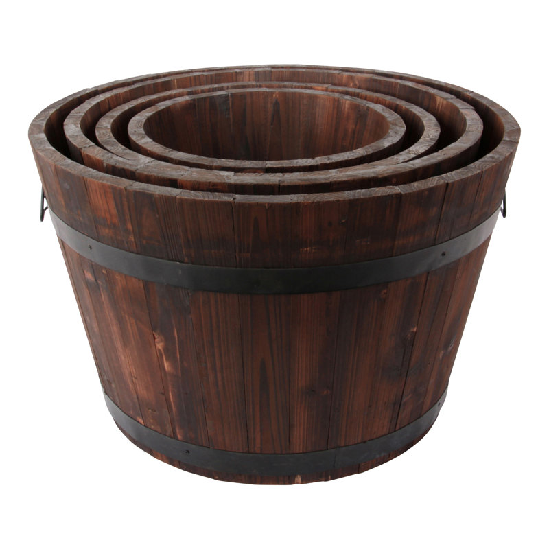 Rustic Brown Cypress Wood Barrel Planter Set of 4