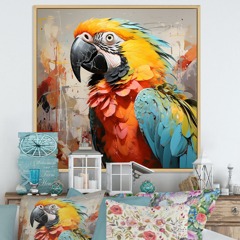 Perroquet jaune tempête tropicale sur toile, Cadre naturel flottant, H 24 po x l 24 po x P 1 po