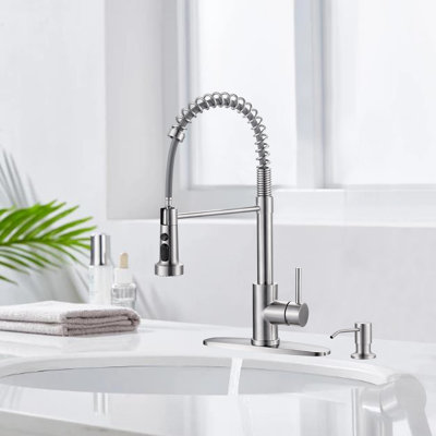 Robinet de cuisine en acier inoxydable avec bec rétractable, robinet de cuisine à poignée simple à 3 fonctions, avec distributeur de savon.