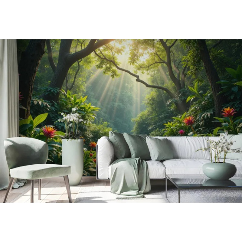Adhésif mural jungle tropicale brumeuse - auvent botanique floral Sunray Bromeliad, 108" L x 192" W