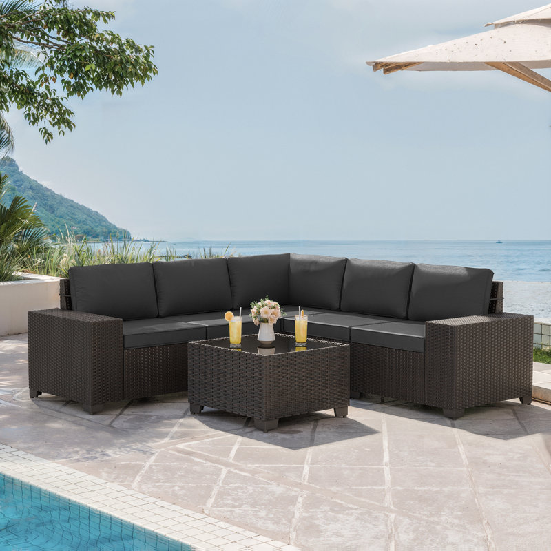 5-Person All-Weather Outdoor HDPE Rattan Sectional Sofa Set with Cushions and Wide Armrests, Black