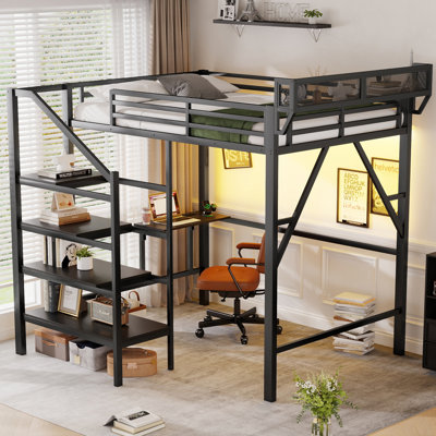 Full Size Metal Loft Bed, Foldable Desk, Charging Station, LED Light, Stair Storage, Mesh Guardrail, Black