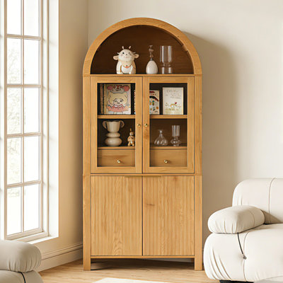 71" Tall Fluted Arched Pantry Cabinet With Glass Doors & Drawer, Adjustable Shelves Storage For Kitchen, Dining Room Or Living Room