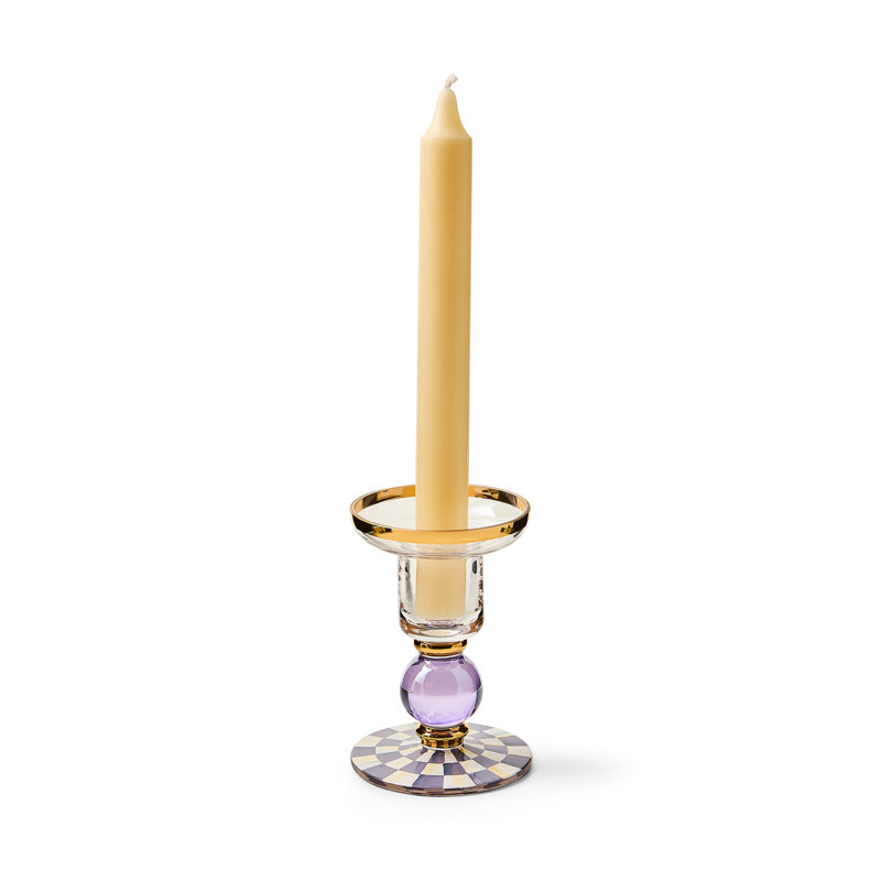 Violet Check Large Glass Candlestick, 4.25" H x 2.75" W x 2.75" D