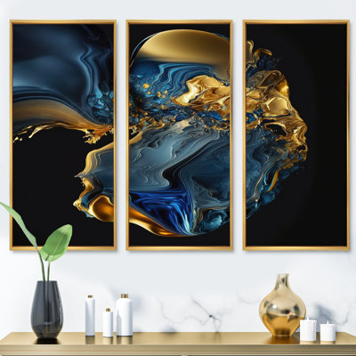Géode abstraite marbre bleu et or - ensemble d'art mural sur toile à encre liquide