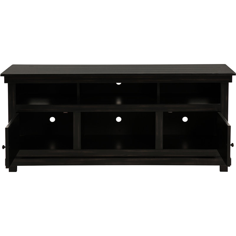 Console média vieillie pour téléviseur à écran plat de 65 pouces, avec un profil minimaliste épuré et un grand espace de rangement à six compartiments pour meuble télé 60 69 avec deux tablettes ouvertes