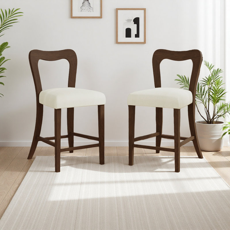 Ensemble de 2 tabourets de comptoir sans accoudoirs, Siège beige / structure en noyer