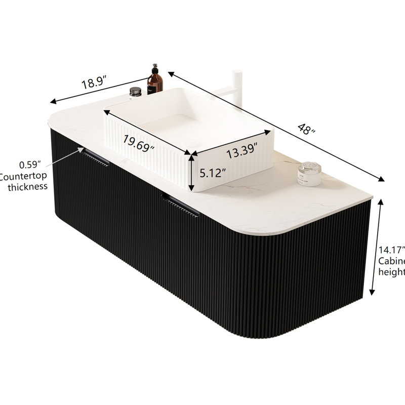 Meuble-lavabo 48 po avec lavabo rectangulaire blanc, finition rayée 3D noire, 2 tiroirs, système de fermeture en douceur, lavabo en céramique à structure de tiroir stable, armoire, rayé mat, glissières porteuses,