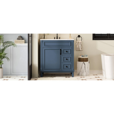 30 Inches Bathroom Vanity With Ceramic Basin, 2 Drawer Storage, And Adjustable Shelf, Bringing French Timelessness To Compact Spaces Sink, Adaptable Shelving, Featuring Soft - Close Drawers For Small