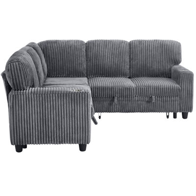 L-Shaped Sectional Sofa Bed With Pull-Out Bed & Storage, 5-Seat Sleeper Couch With USB Charging, Convertible Design For Living Room, Apartment, Corduroy Fabric, Grey