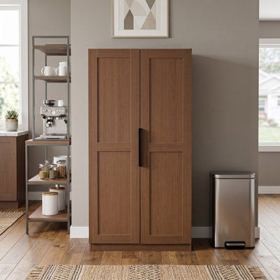 62.99" Tall Wood 2-door Pantry Cabinet in Walnut with Multi-Level Shelves