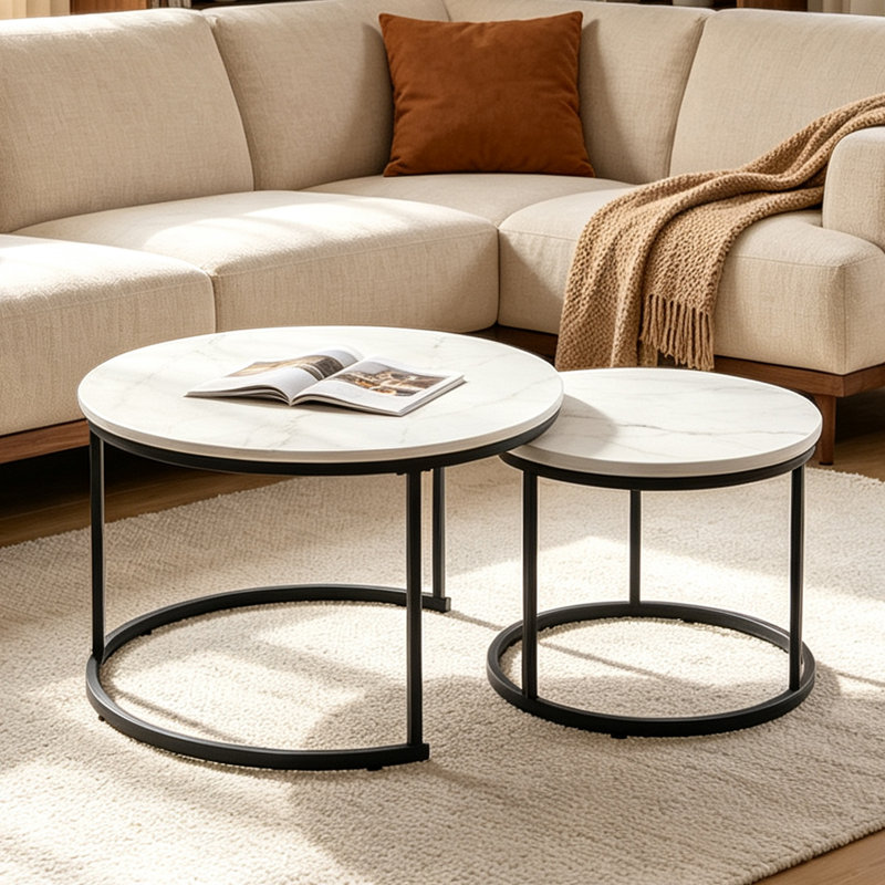 Table basse gigogne 2 pièces 27,6 po, plateau en bois à imprimé marbre et table de bout latérale en métal, Blanc/Noir