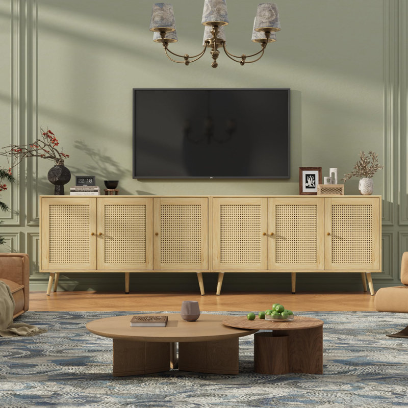 Rattan Storage Cabinet with 3 Doors, Boho Sideboard Buffet Cabinet  Wood Farmhouse Credenza Cabinet with Adjustable Shelves for Living Room Kitchen Entryway Hallway