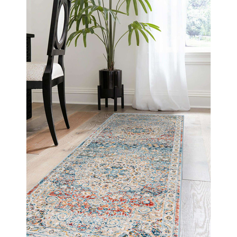 Tapis oriental bleu / crème / rouge Alize, Tapis de couloir 2 pi x 8 pi