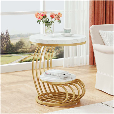 2-Tier Faux Marble Round Side Table with Gold Frame