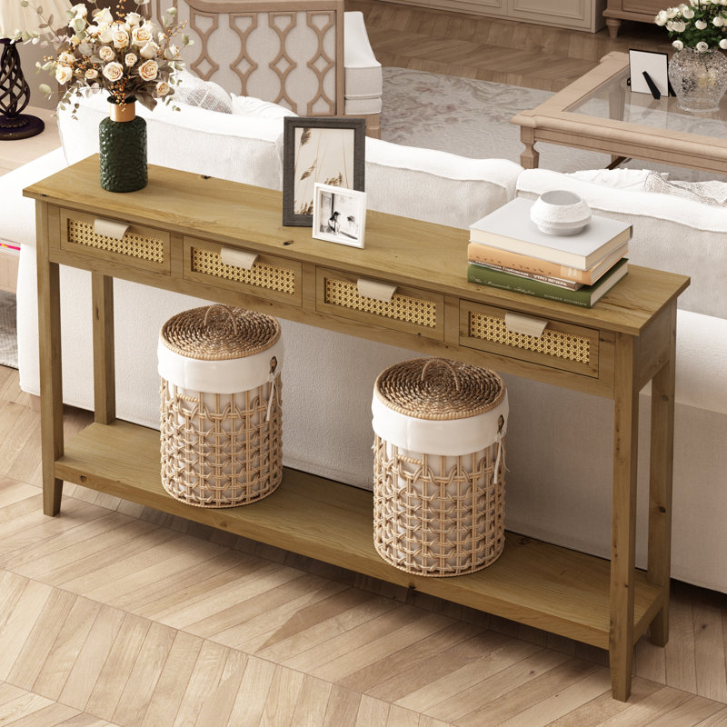  Console de style campagnard long de 60 po avec 4 tiroirs en rotin et tablette Abrytha, H 31,5 po x l 60 po x P 9,5 po