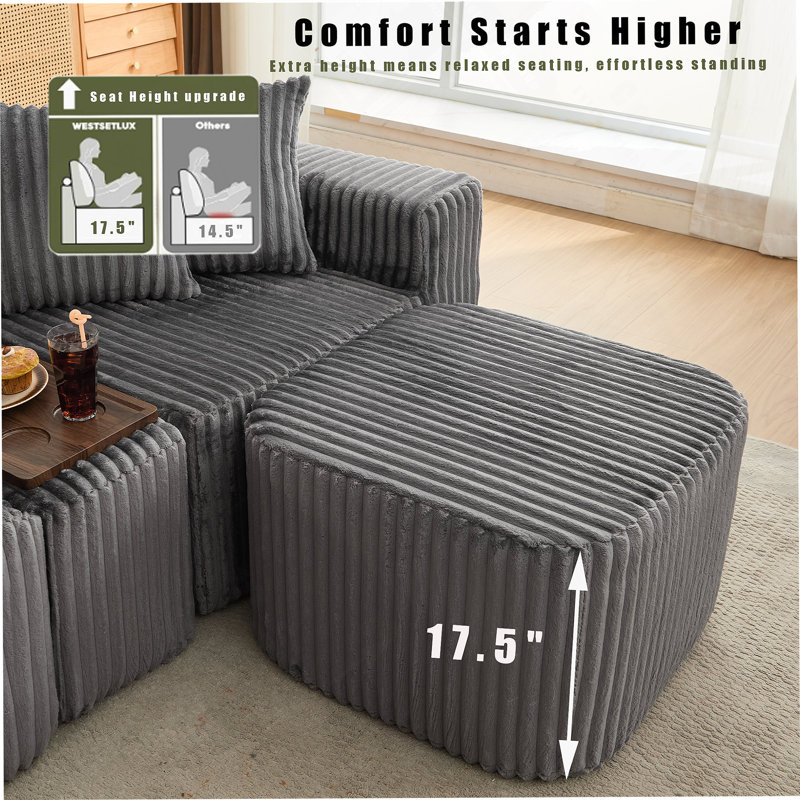 Boneless 137.5" U Shaped Sofa , USB & Wireless Charge, Coffee Table Board With A Cup Holder, Oversize Movable Modular Sofa,Movable Footstool,No Assembly,6 Seats,Corduroy,Orange