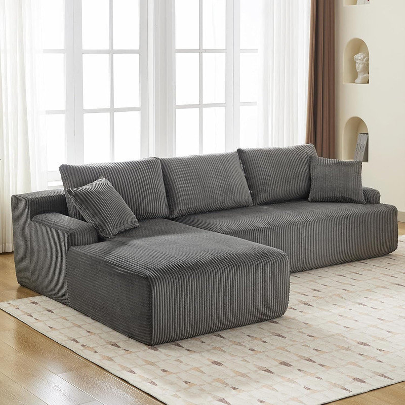 Canapé modulaire de 96 po avec méridienne en L et mousse à mémoire de forme pour salon, sans assemblage, Gris