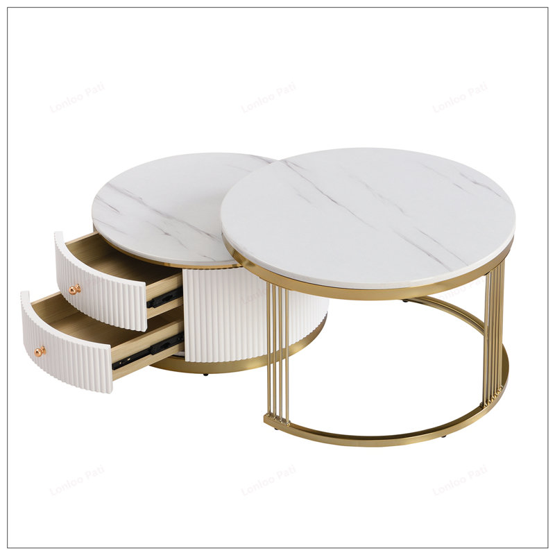 Modern Nesting Coffee Table Set with Drawers, Offering Flexible Arrangement and Convenient Storage for Contemporary Living Spaces.