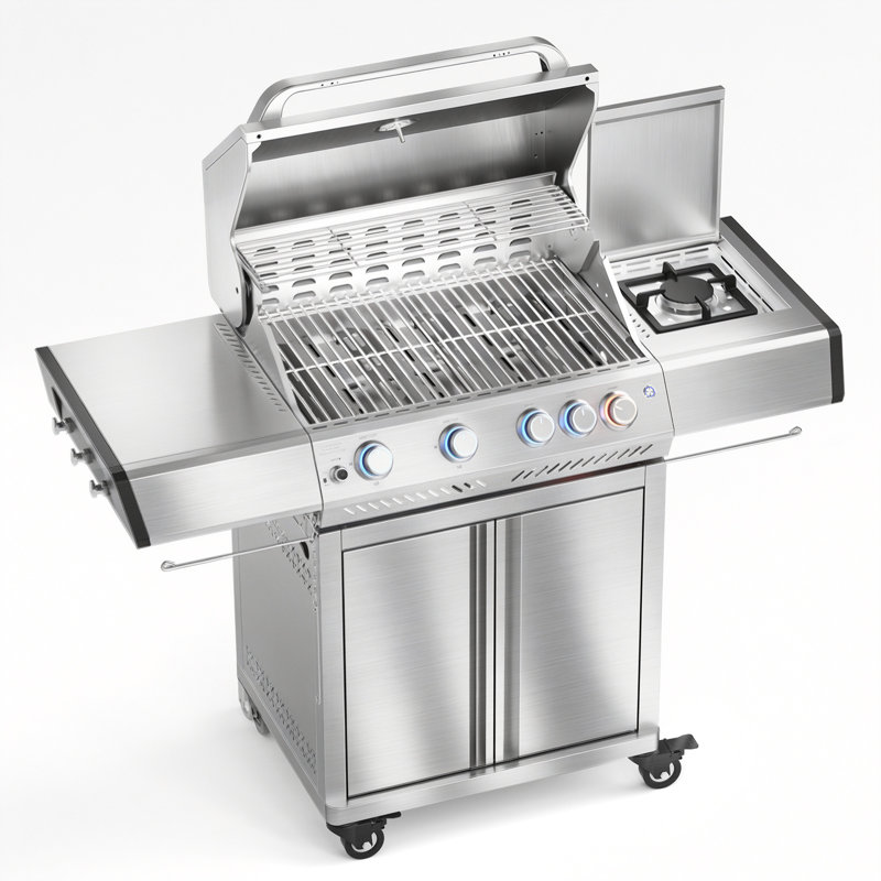 Barbecue au gaz en acier inoxydable à 4 brûleurs avec lumières, barbecue de 42 000 BTU, brûleur latéral, couvercle, panier de rangement, barbecue en fonte émaillée, plateau à huile coulissant, convient aux barbecues d'extérieur et de jardin