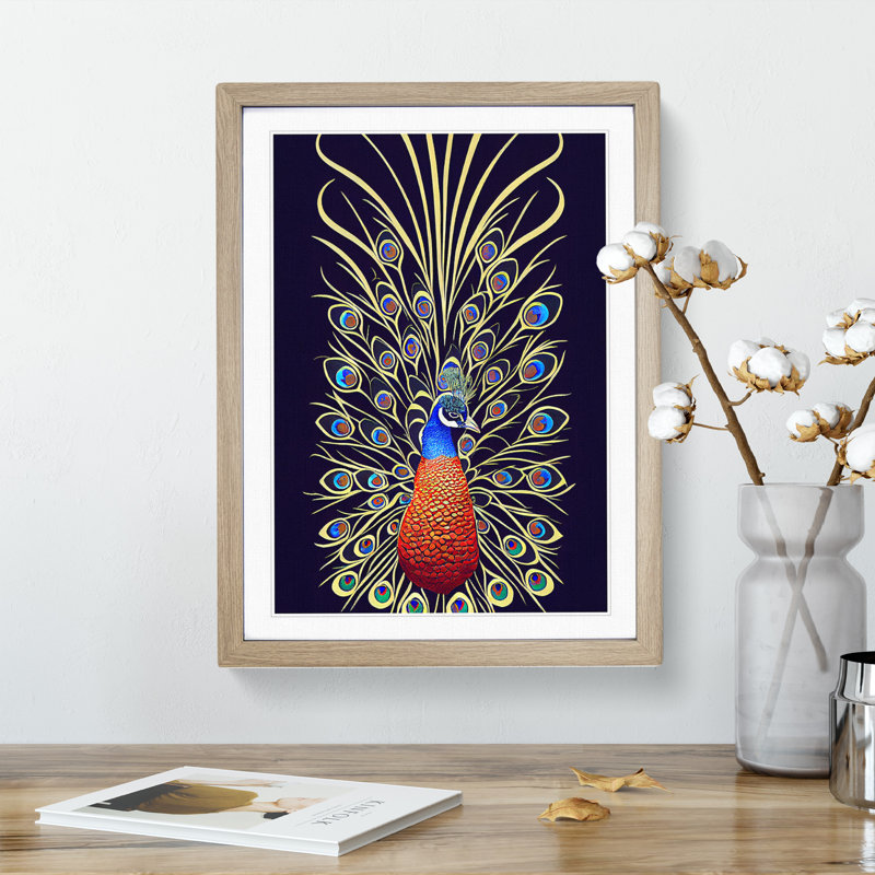 Fascinating Peacock No.1 - Framed Print, 46cm H x 34cm W x 2cm D, Oak