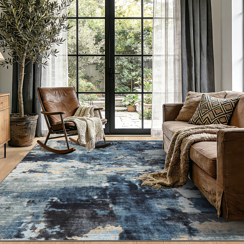 Tapis moderne lavable abstrait pour le salon de la chambre à coucher, Bleu, Rectangle 5' x 7'