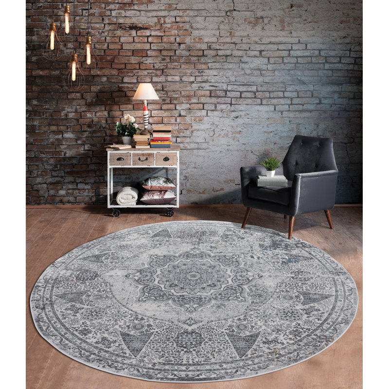 Tapis oriental ivoire / bleu, Rond 7 pi 10 po