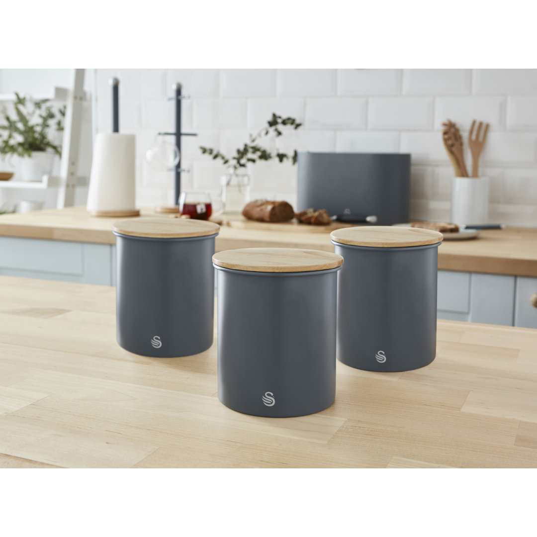 Swan Nordic Scandi Set of 3 Storage, Tea, Coffee and Sugar Canisters, Steel, Bamboo Lid, One Size