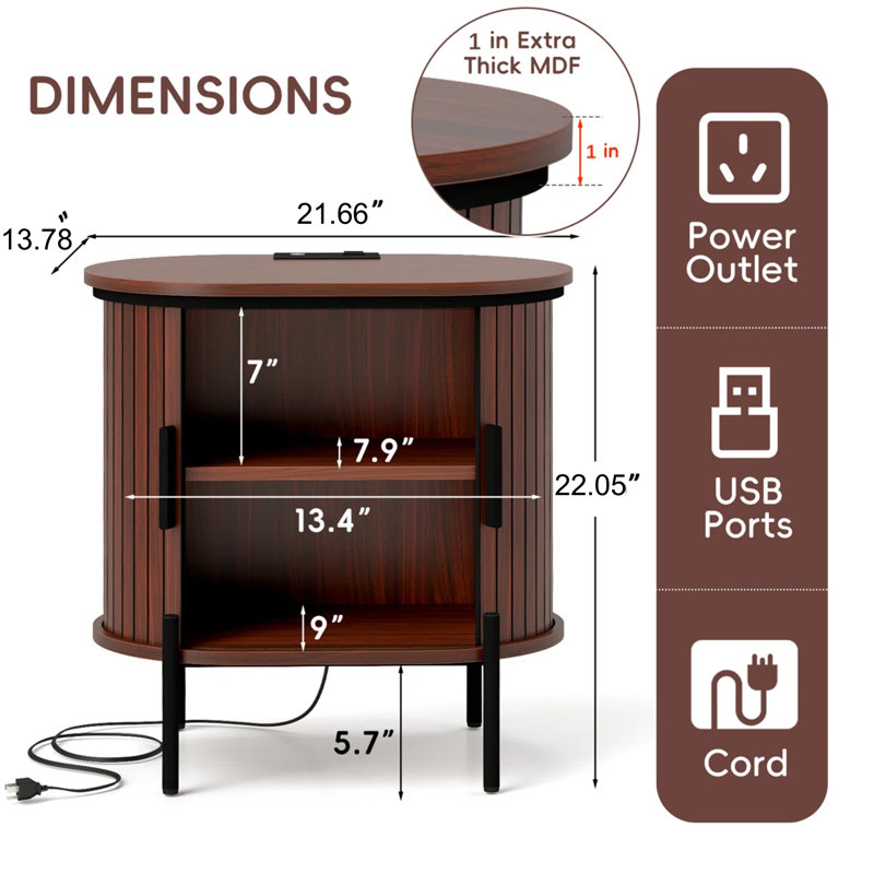 Table de chevet ovale Mid-Century de 21,7 po Parthenia, table de bout avec portes coulissantes cannelées et port de charge USB intégré