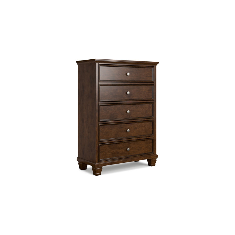 Commode haute Reno, 5 boutons ronds en nickel, bois massif brun