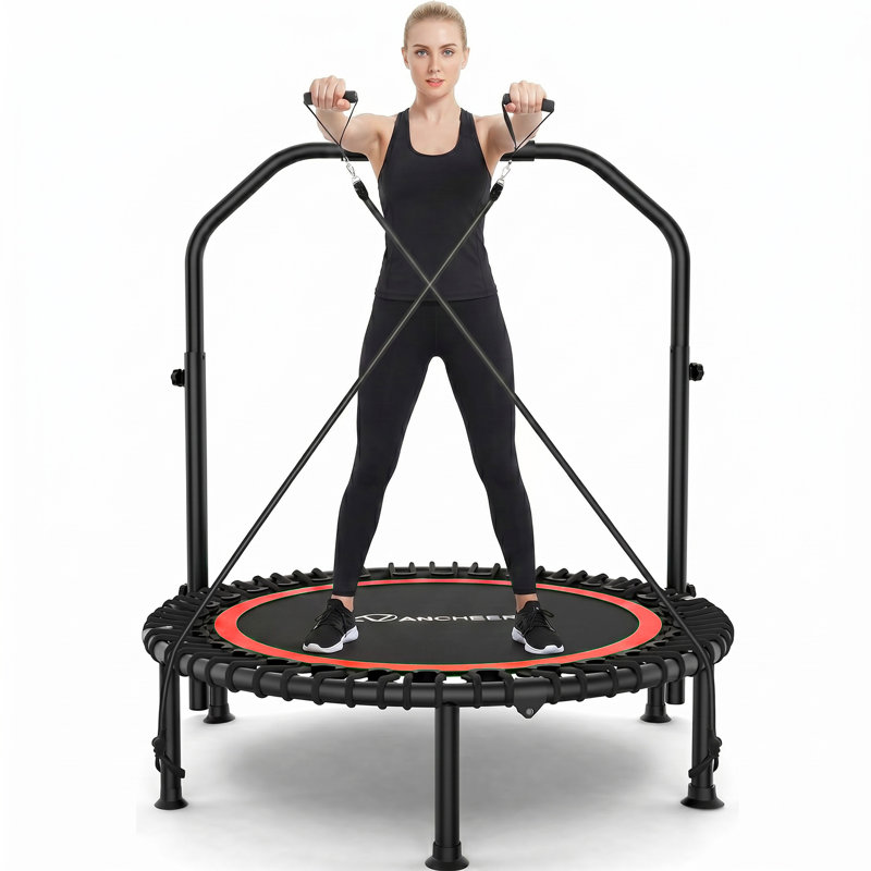 40" Foldable Mini Trampoline,Max Load 450Lbs Indoor Trampoline,With 4 Level Adjustable Foam Handle And Resistance Bands,Adult Exercise Trampoline For Home, Garden, And Gym