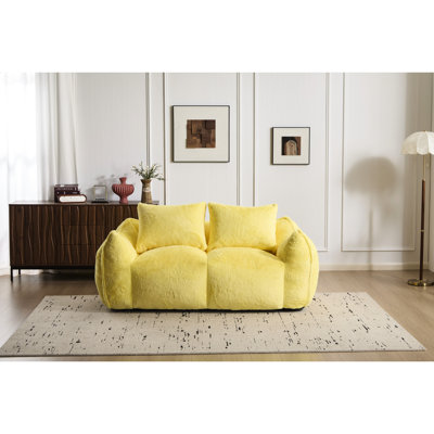 Fauteuil à billes jaune géant, salon moelleux doux pour les espaces intérieurs et la chambre à coucher, siège confortable sans assemblage, rembourrage haute densité, salon ergonomique, coin lecture, fausse fourrure de qualité,